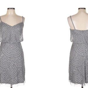 NWT Adrianna Papell Women's Silver Grey Blouson Beaded Dress Size 0